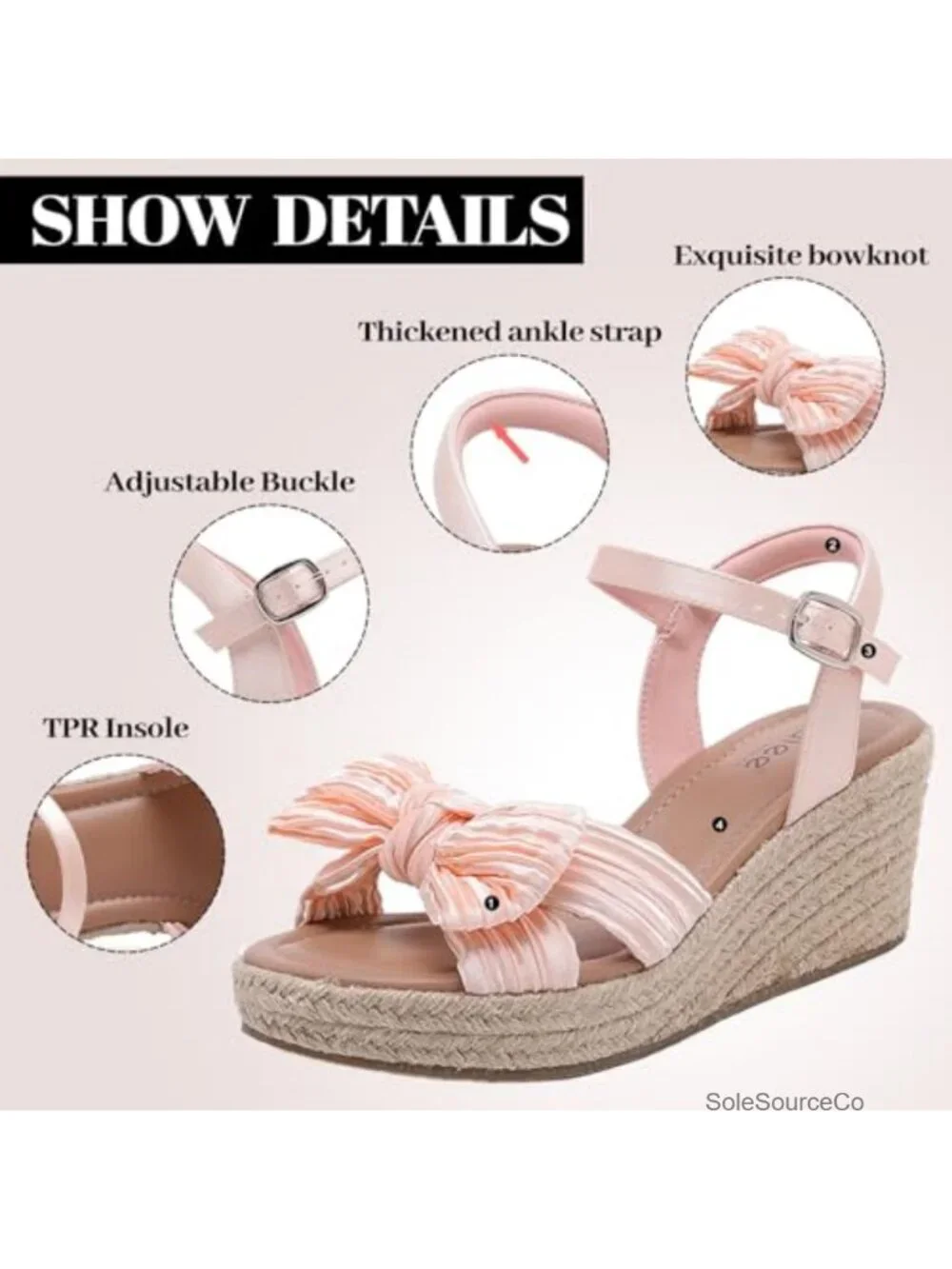 Wide Width Wedge Sandals with Bowknot Ankle Strap, 3-Inch Heel, Memory Foam,